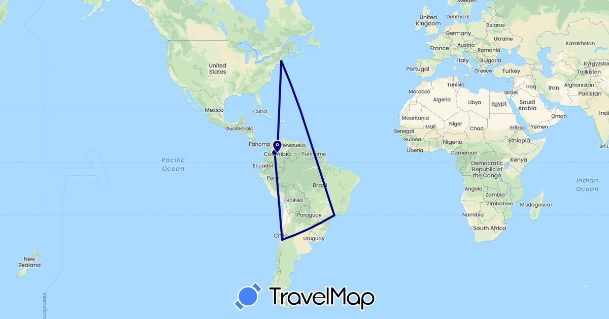 TravelMap itinerary: driving in Brazil, Chile, Colombia, United States (North America, South America)